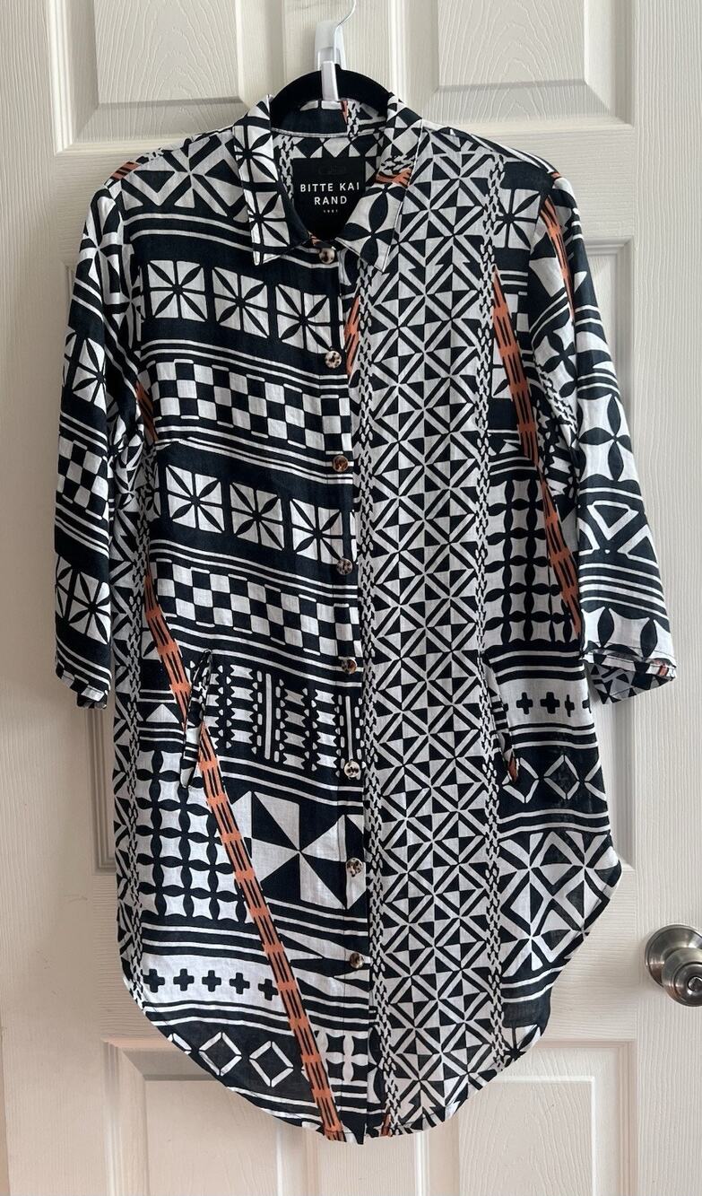 BITTE KAI RAND Linen Blend Abstract Artsy Lagenlook Longline Button Blouse Top M